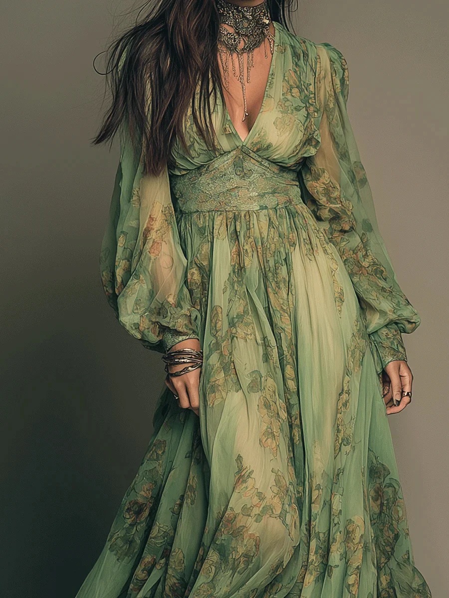 Floral Print Lantern Sleeve Chiffon Maxi Dress