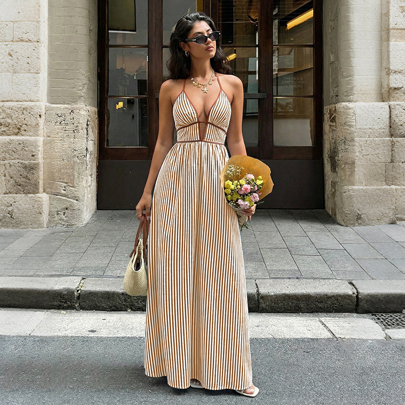 V-Neck Striped Vacation Dress