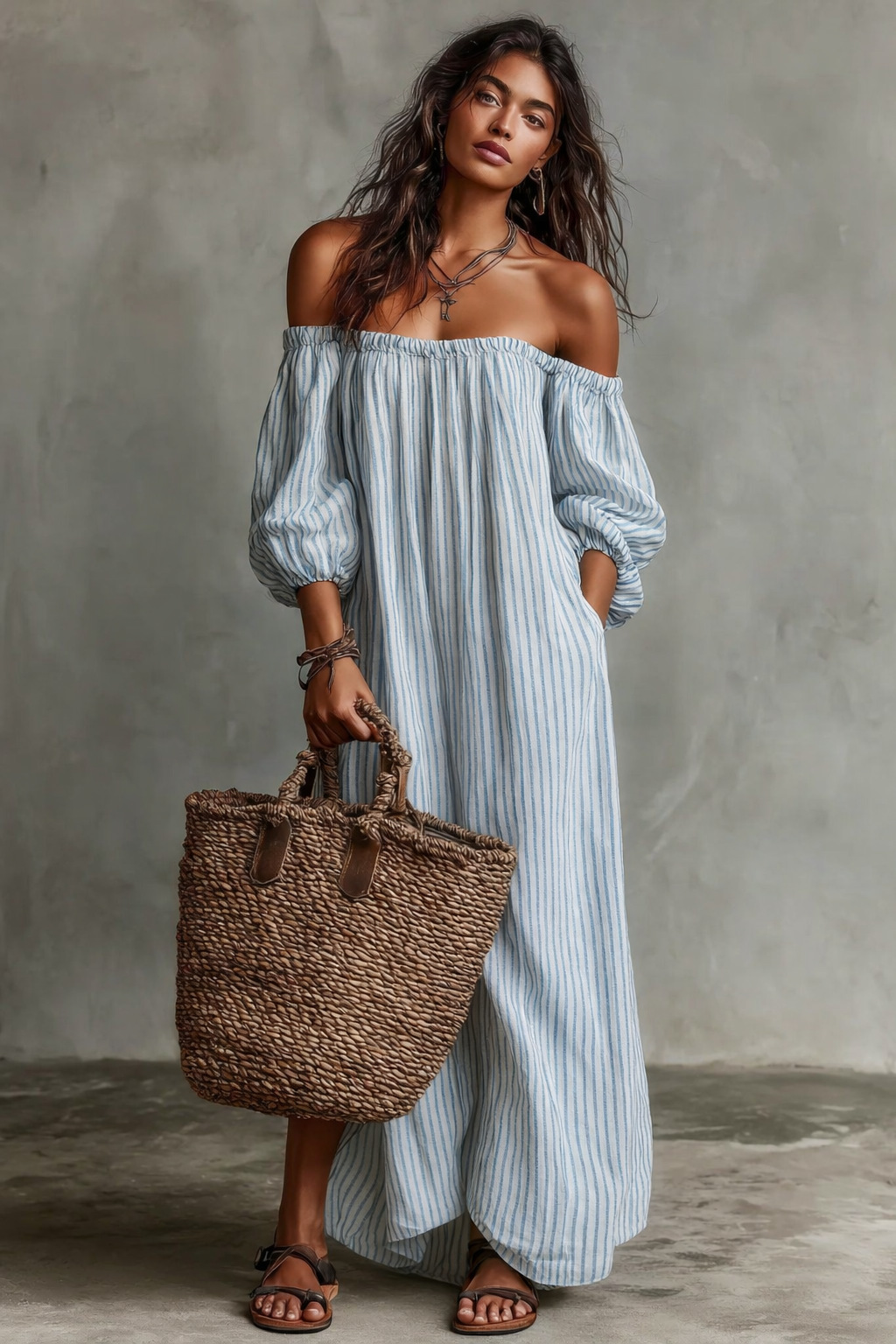 Women's Vacation Blend Off-shoulder Long-sleeved Maxi Dress