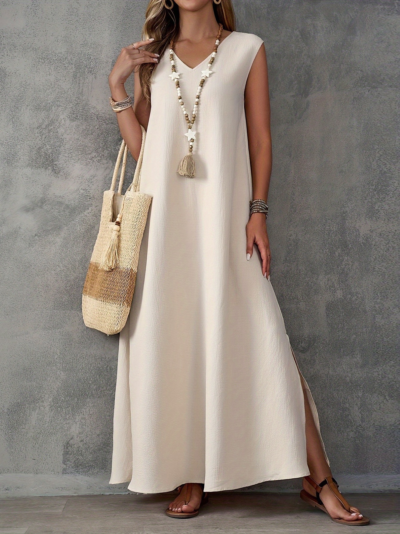 Sleeveless V-Neck Maxi Dress – Elegant Side Slit Summer Dress