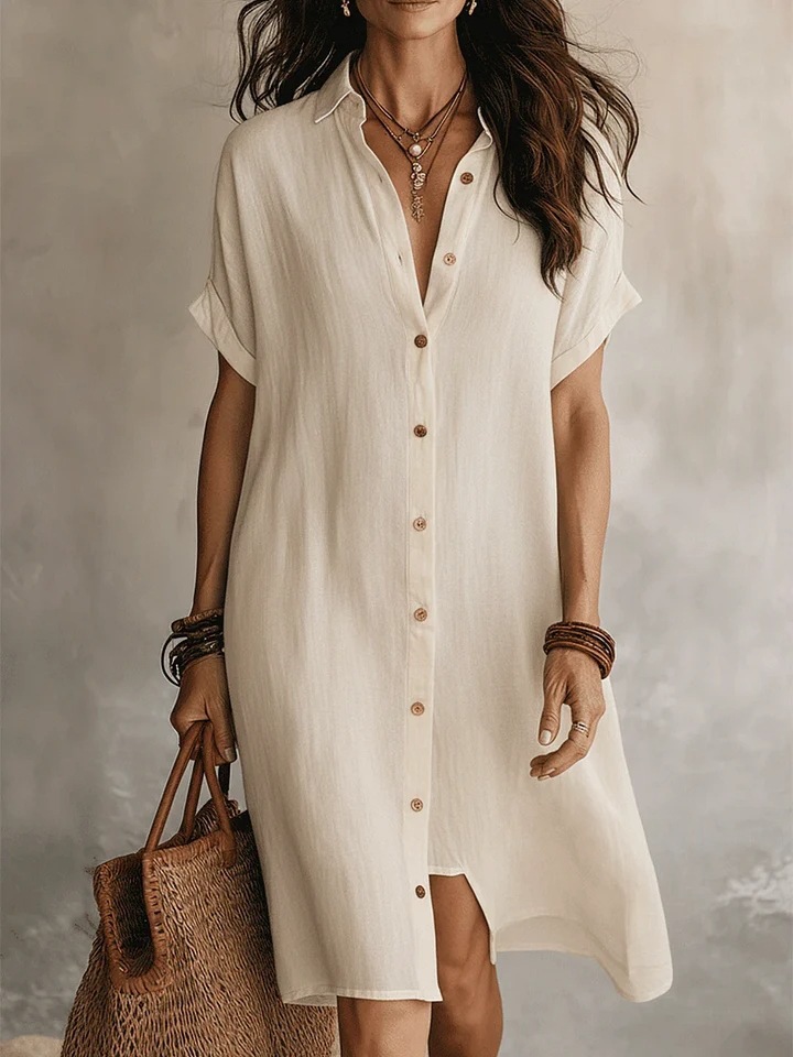 2026 European And American Amazon Cross-Border New Shirt Dress Fashion Casual Solid Color Short-Sleeved Button Mid-Length Dress