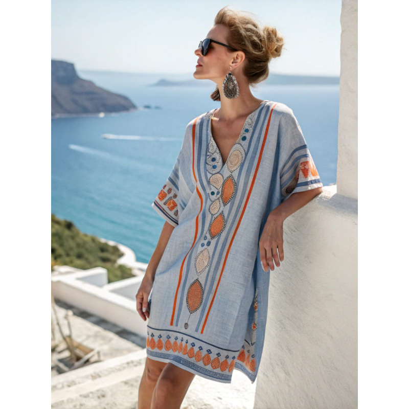 Boho V-Neck Beach Dress – Loose Resort Style Summer Dress