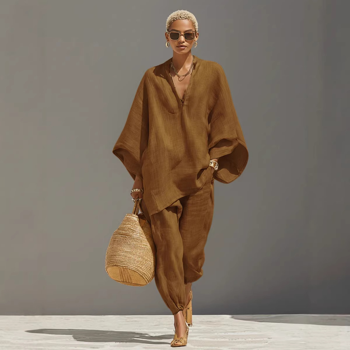 Casual-Style Batwing Sleeve V-Neck Loungewear Set — Loose & Relaxed Fit