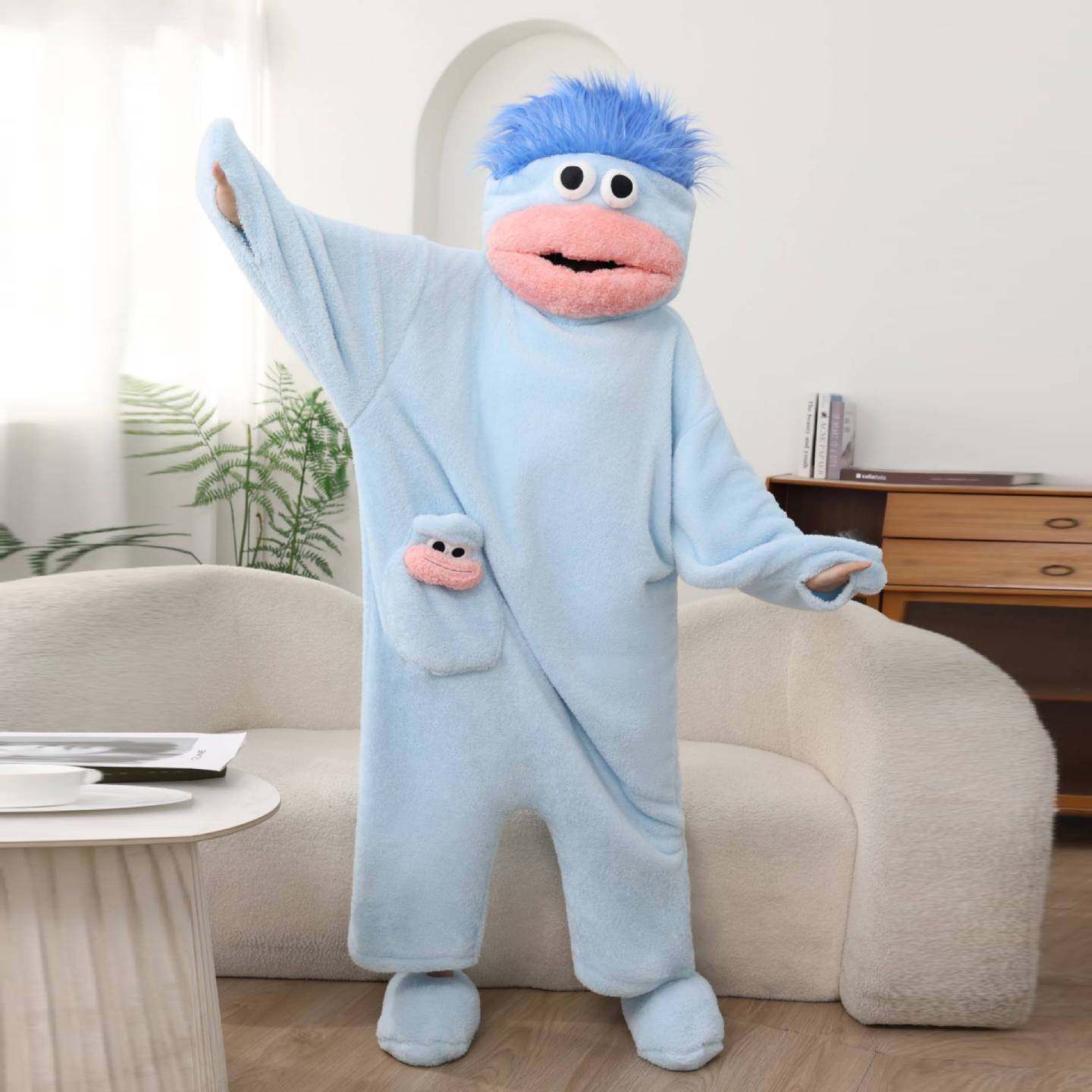 Cute Monster Wearable Hooded Onesie with Pocket for Women and Men, Soft Plush Fleece Fabric, Warm Cozy Jumpsuit, Casual, Ideal for Home and Parties.