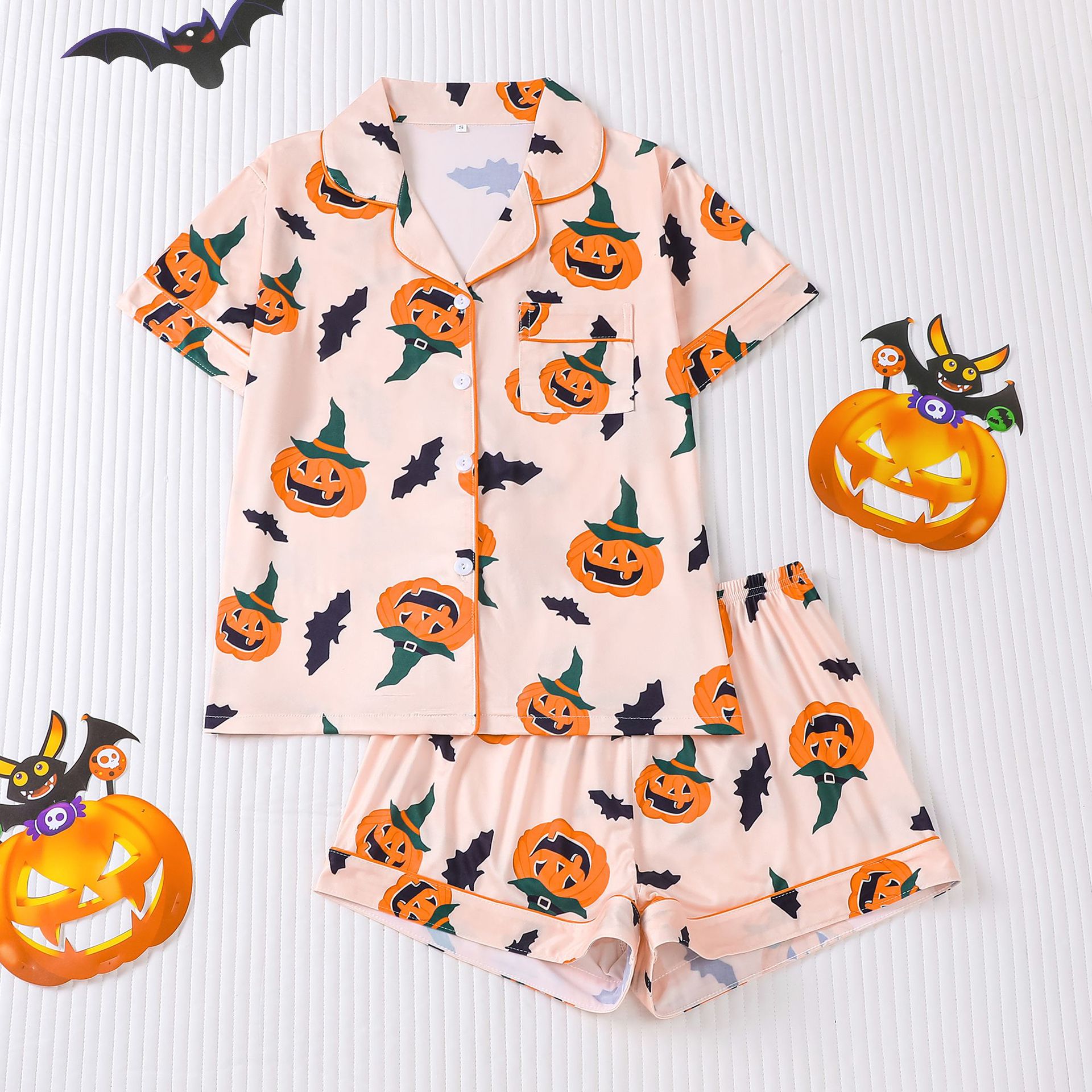 【Halloween】 Women's Halloween Cartoon Print Pajama Set, Cute Funny Sleepwear, Loungewear, 2-Piece Short Sleeve, Fitted, Above the Knee, All Seasons Gift, Top