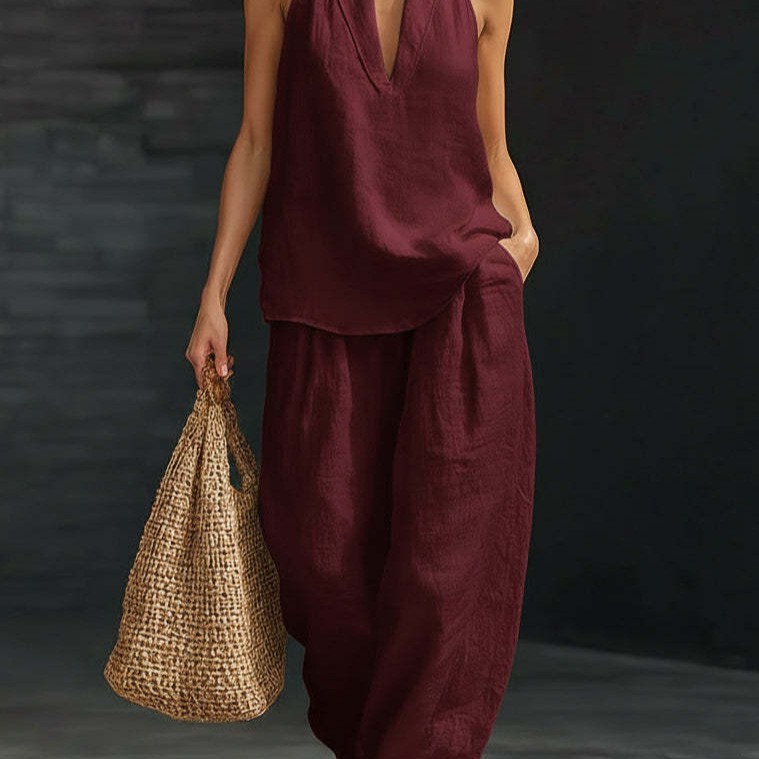 Halter-Neck V-Neck Sleeveless Casual Set