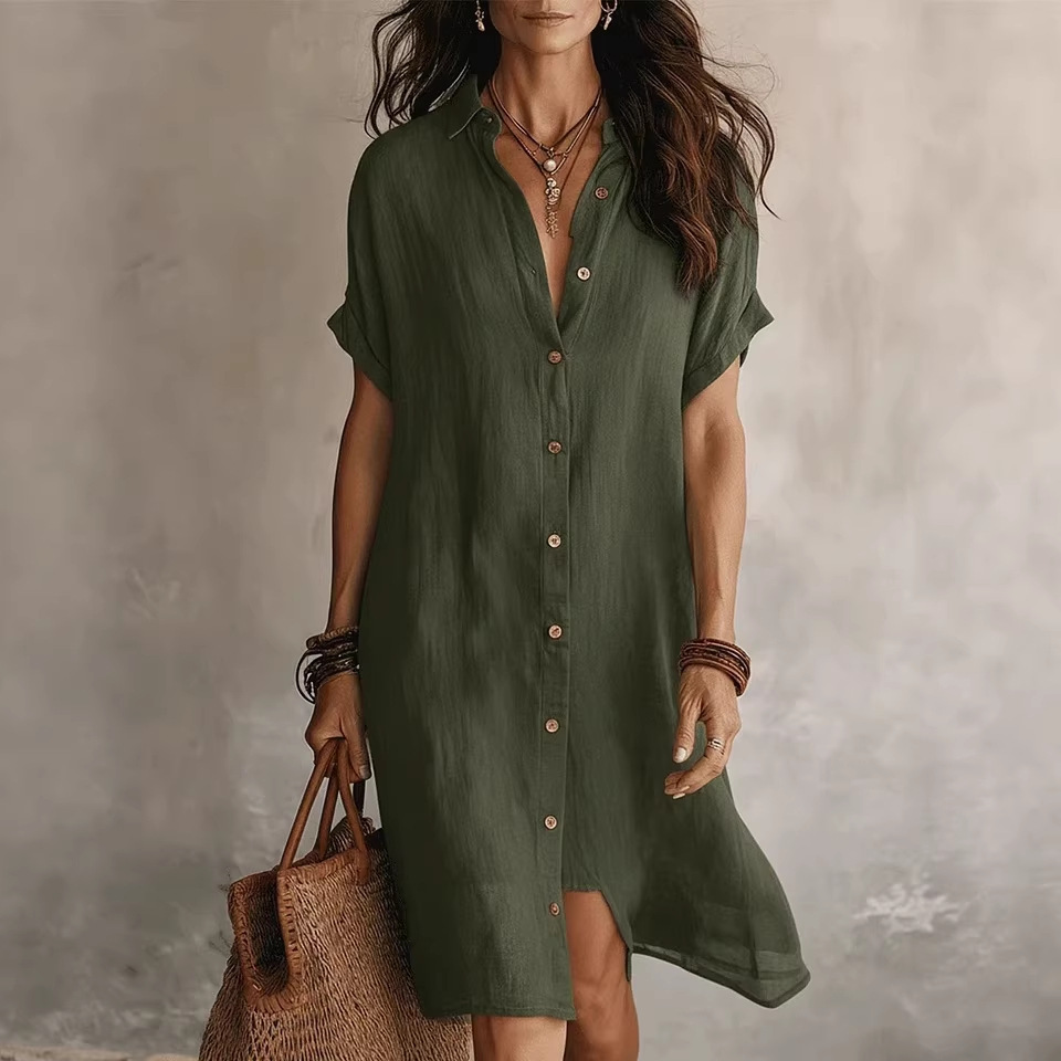 2026 European And American Amazon Cross-Border New Shirt Dress Fashion Casual Solid Color Short-Sleeved Button Mid-Length Dress