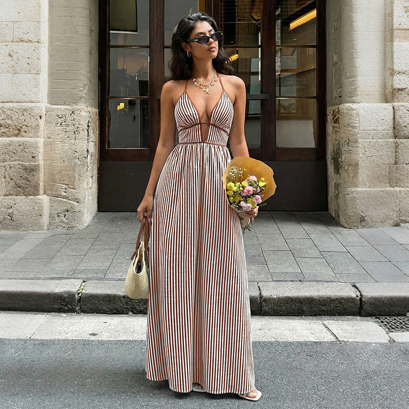 V-Neck Striped Vacation Dress