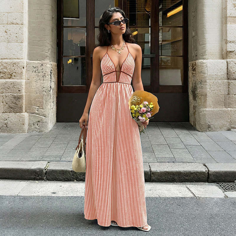 V-Neck Striped Vacation Dress