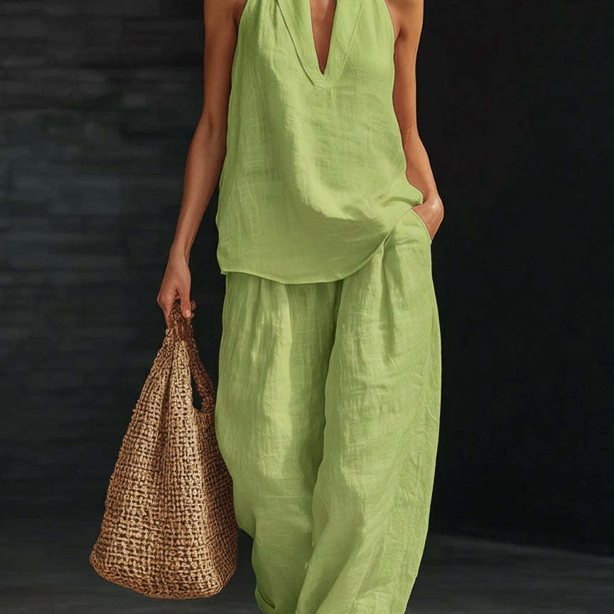 Halter-Neck V-Neck Sleeveless Casual Set