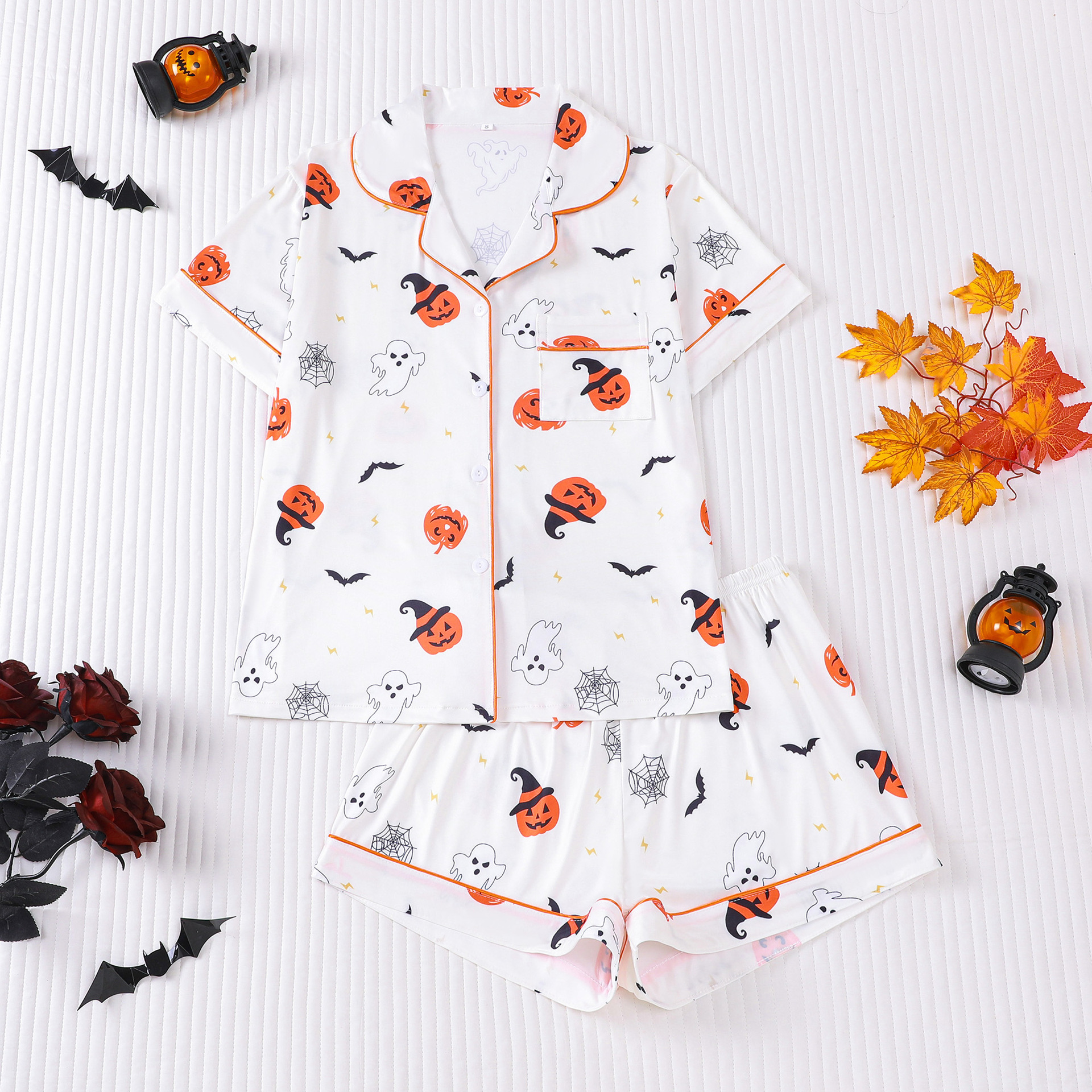 【Halloween】 Women's Halloween Cartoon Print Pajama Set, Cute Funny Sleepwear, Loungewear, 2-Piece Short Sleeve, Fitted, Above the Knee, All Seasons Gift, Top