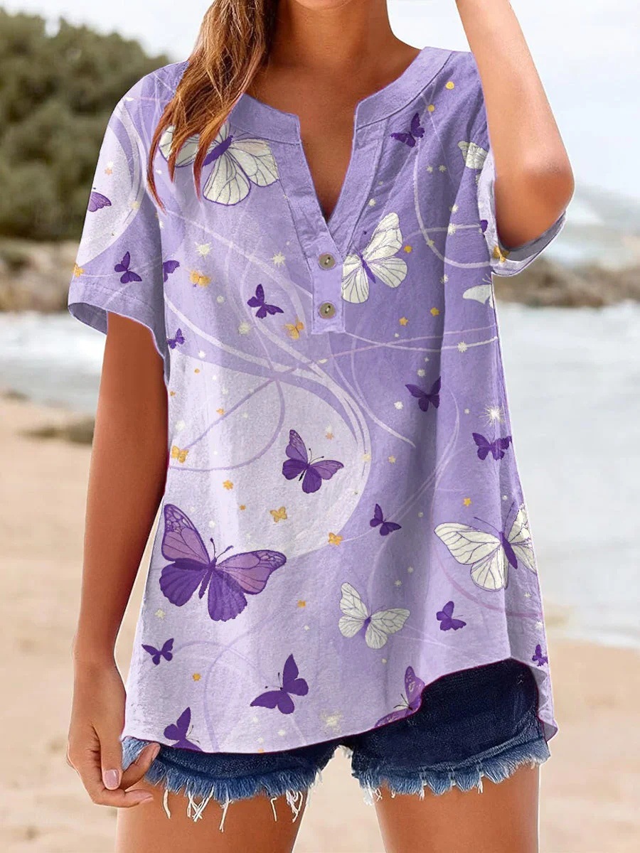 Printed V-Neck Top – Casual Short Sleeve Blouse