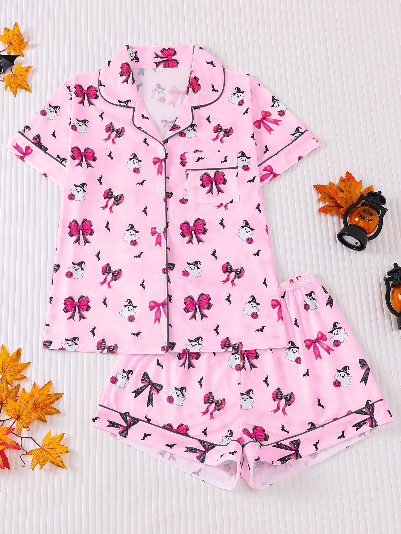 【Halloween】 Women's Halloween Cartoon Print Pajama Set, Cute Funny Sleepwear, Loungewear, 2-Piece Short Sleeve, Fitted, Above the Knee, All Seasons Gift, Top