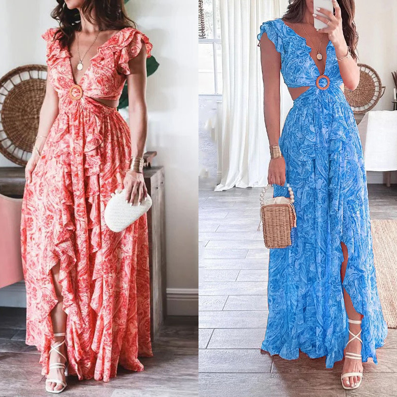 Floral V-Neck Ruffle Slit Dress