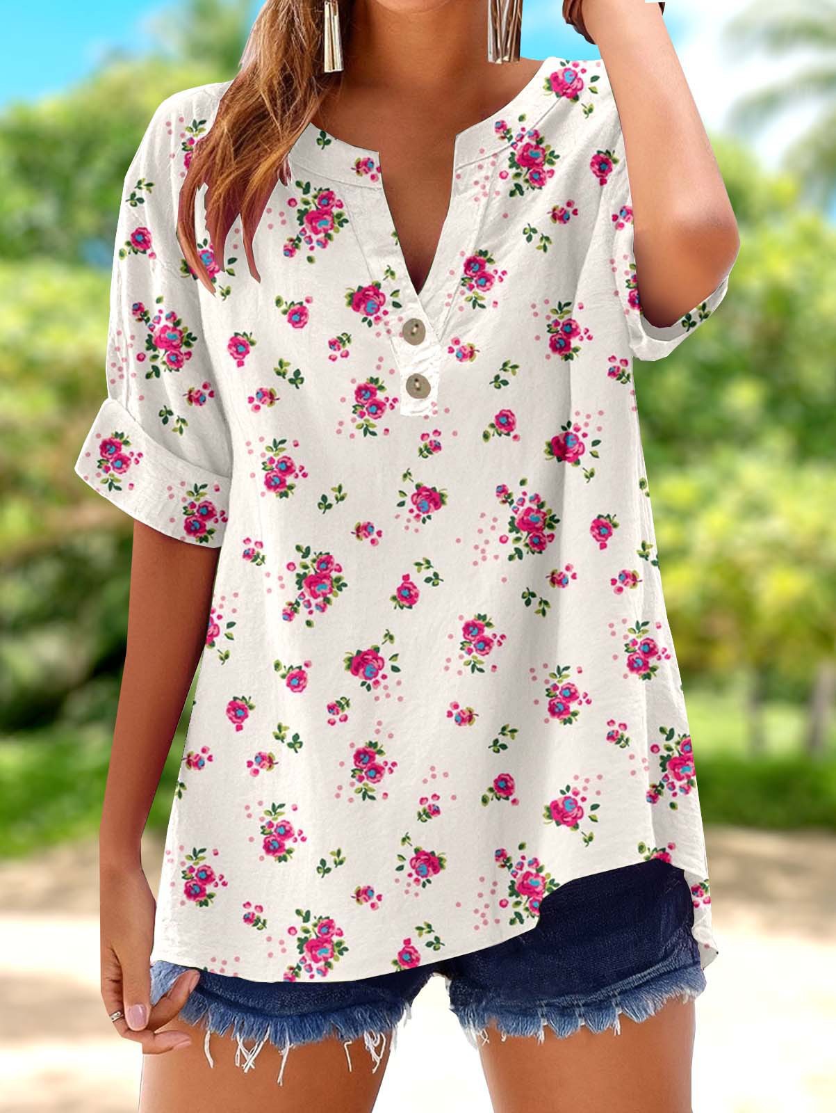 Printed V-Neck Top – Casual Short Sleeve Blouse