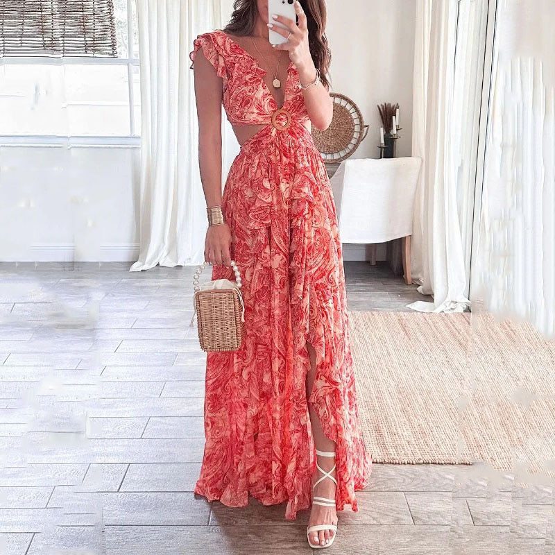 Floral V-Neck Ruffle Slit Dress