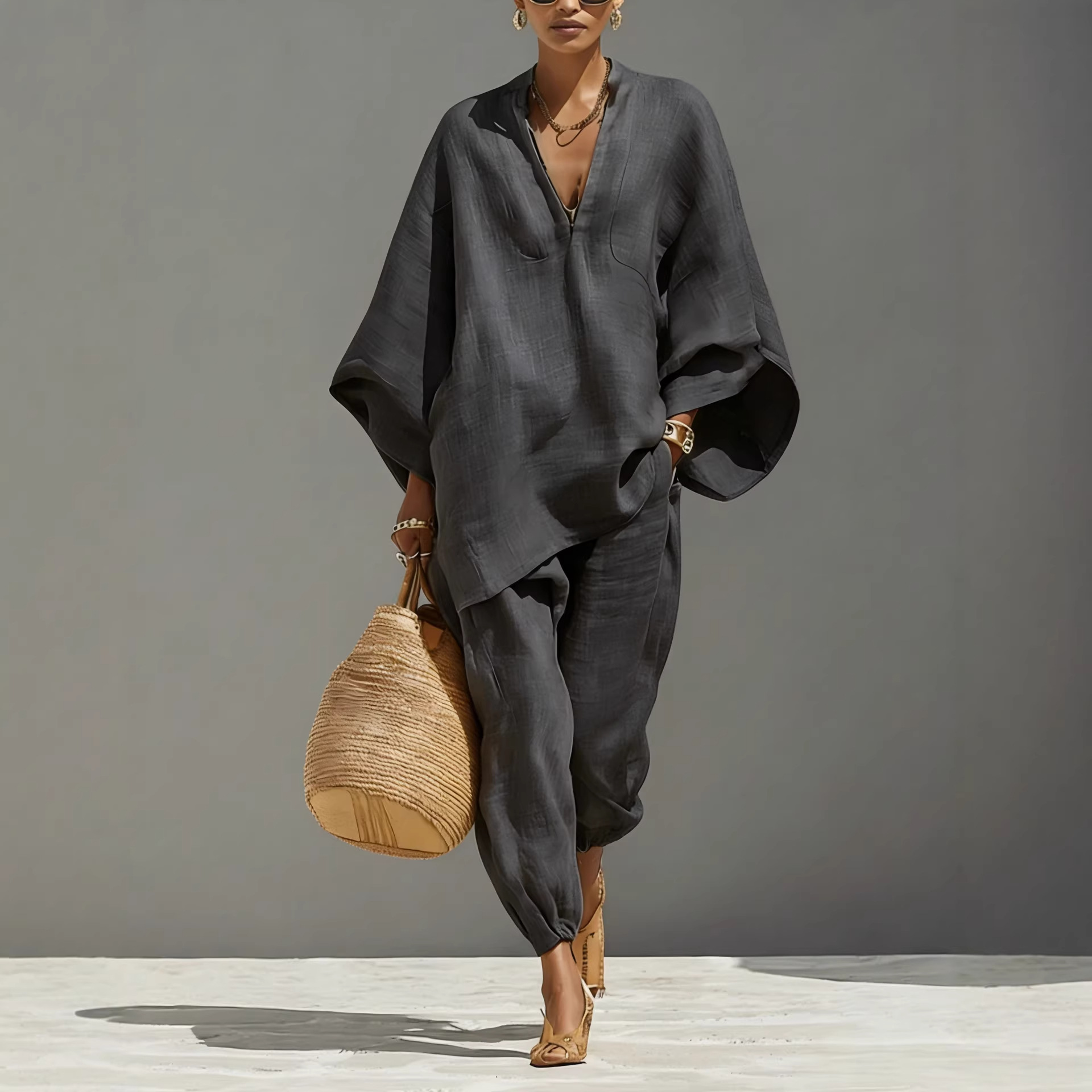Casual-Style Batwing Sleeve V-Neck Loungewear Set — Loose & Relaxed Fit