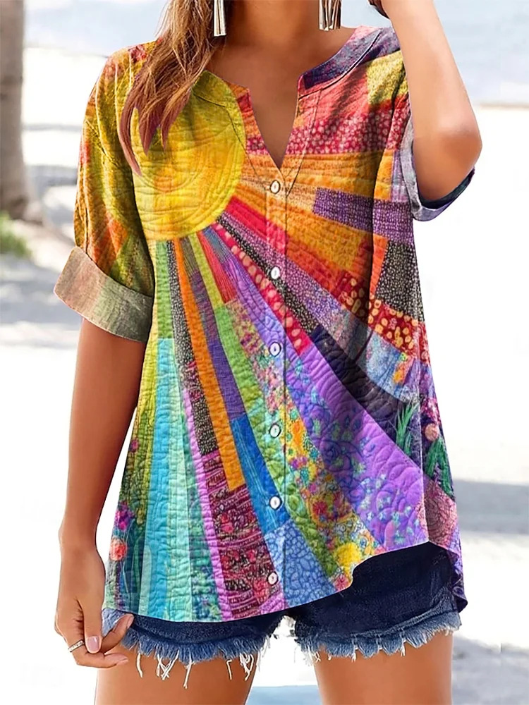 Printed V-Neck Top – Casual Short Sleeve Blouse