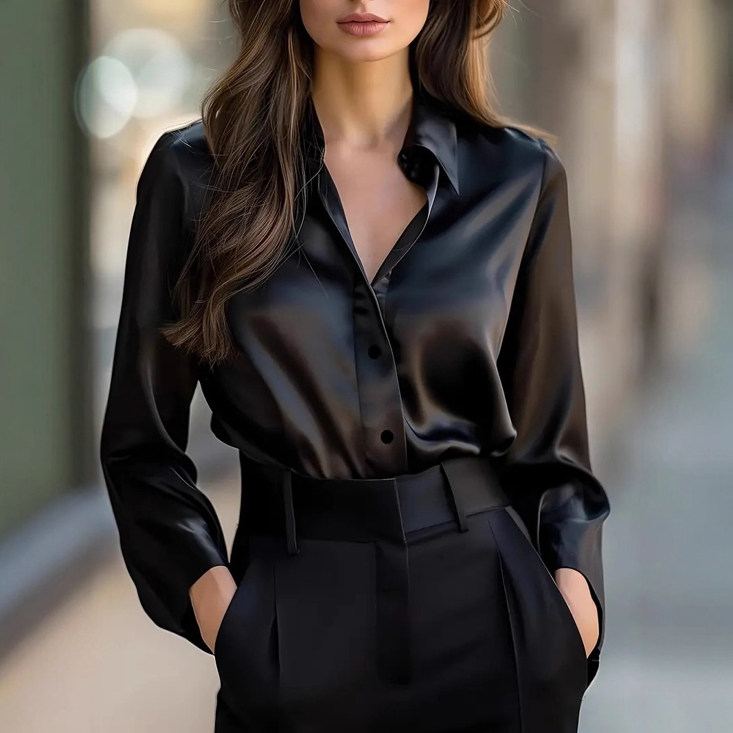 Satin Long-Sleeve Shirt – Elegant Minimal Blouse
