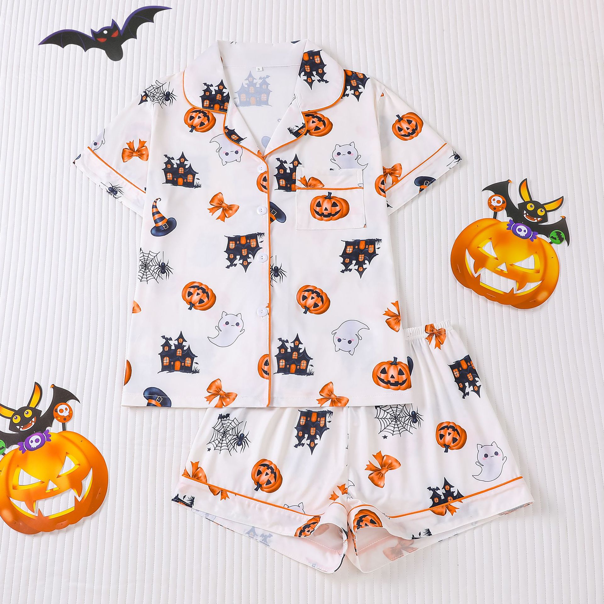 【Halloween】 Women's Halloween Cartoon Print Pajama Set, Cute Funny Sleepwear, Loungewear, 2-Piece Short Sleeve, Fitted, Above the Knee, All Seasons Gift, Top