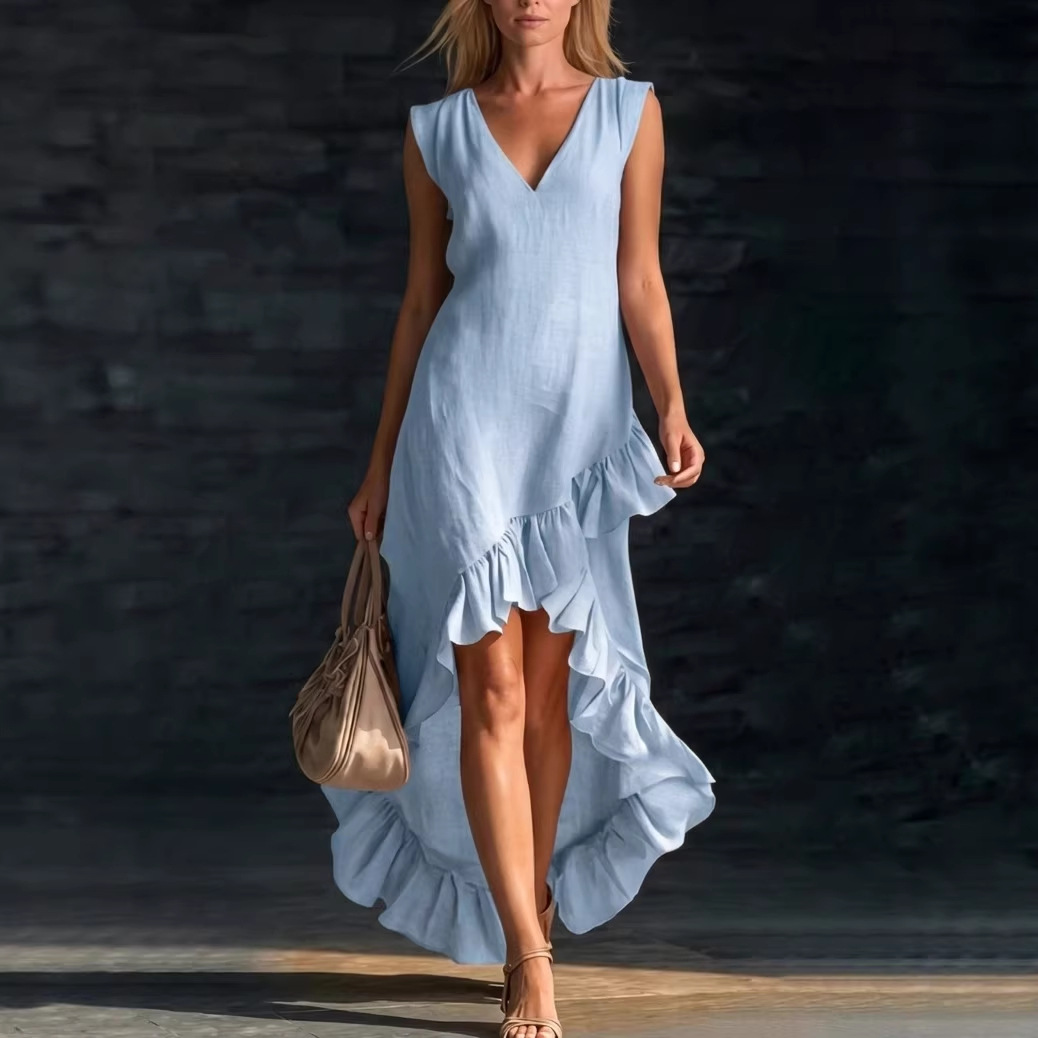 2026 European And American Cross-Border Amazon New Fashion And Romantic Sleeveless V-Neck Ruffled Hem Cotton And Linen Long Dress