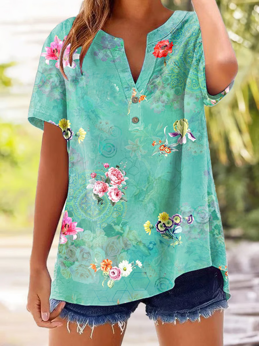Printed V-Neck Top – Casual Short Sleeve Blouse