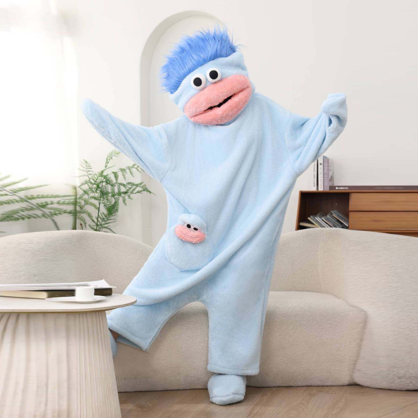 Cute Monster Wearable Hooded Onesie with Pocket for Women and Men, Soft Plush Fleece Fabric, Warm Cozy Jumpsuit, Casual, Ideal for Home and Parties.