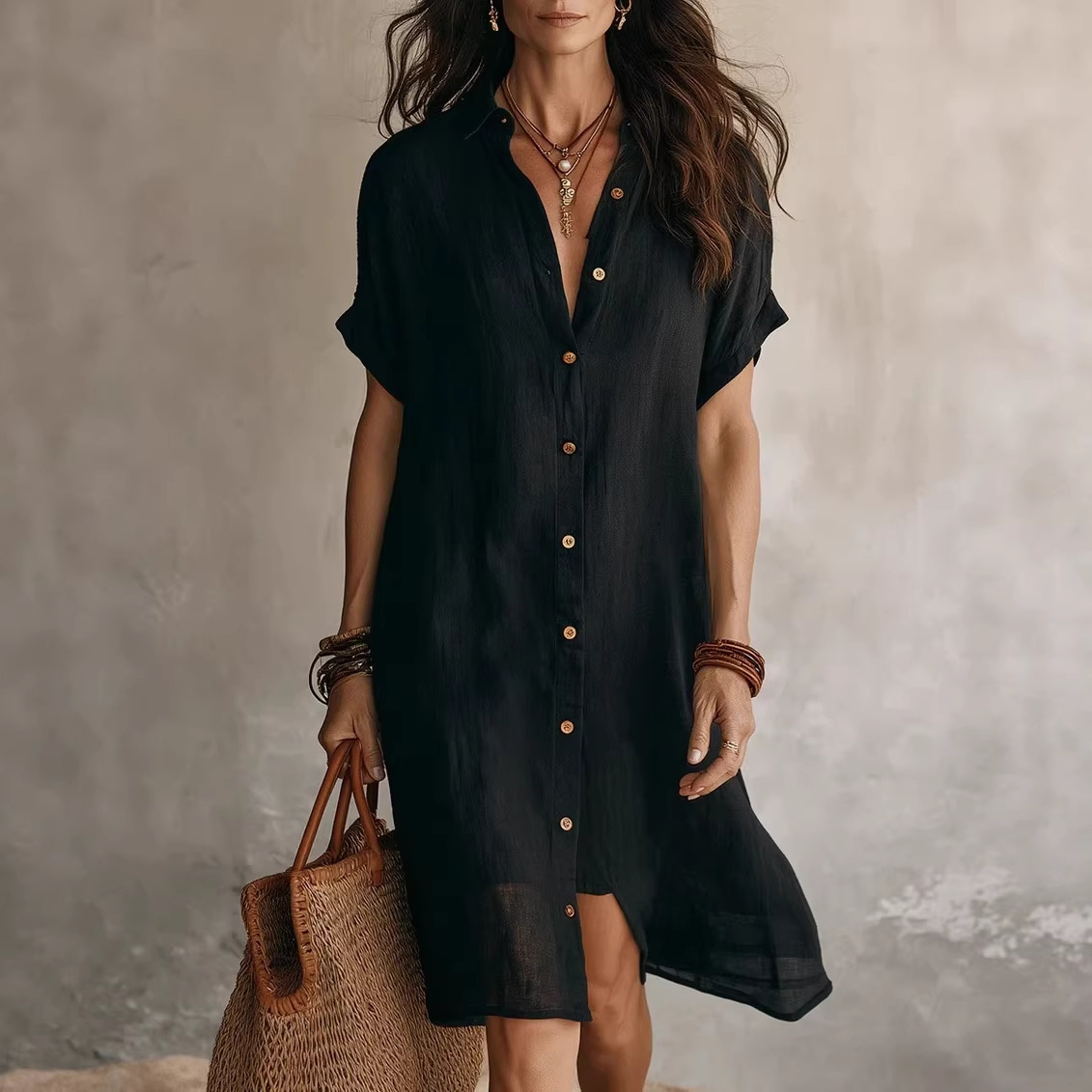 2026 European And American Amazon Cross-Border New Shirt Dress Fashion Casual Solid Color Short-Sleeved Button Mid-Length Dress