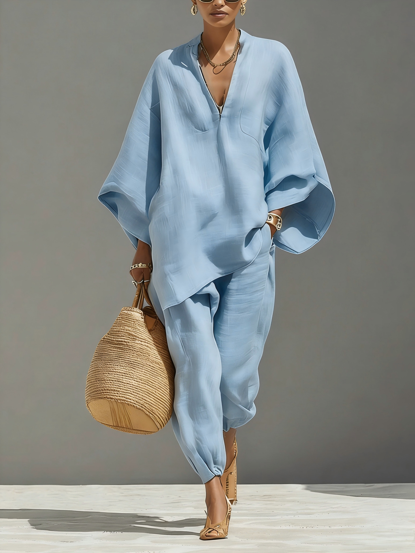 Casual-Style Batwing Sleeve V-Neck Loungewear Set — Loose & Relaxed Fit