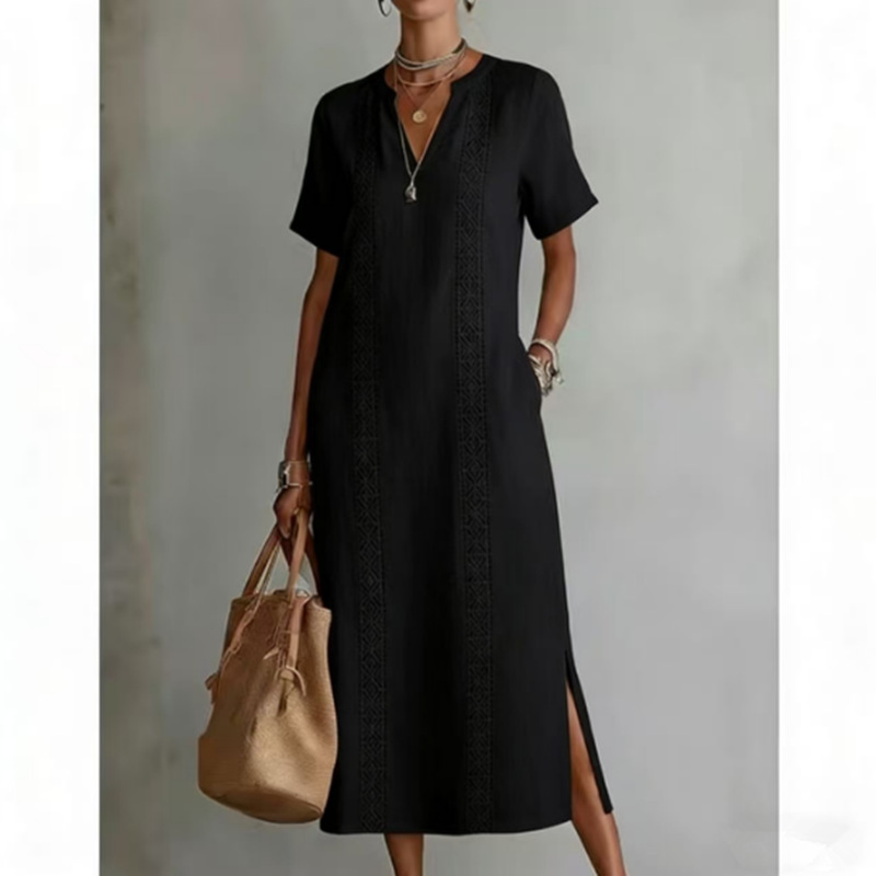 Retro Cozy Lace V-neck Loose Linen Dress