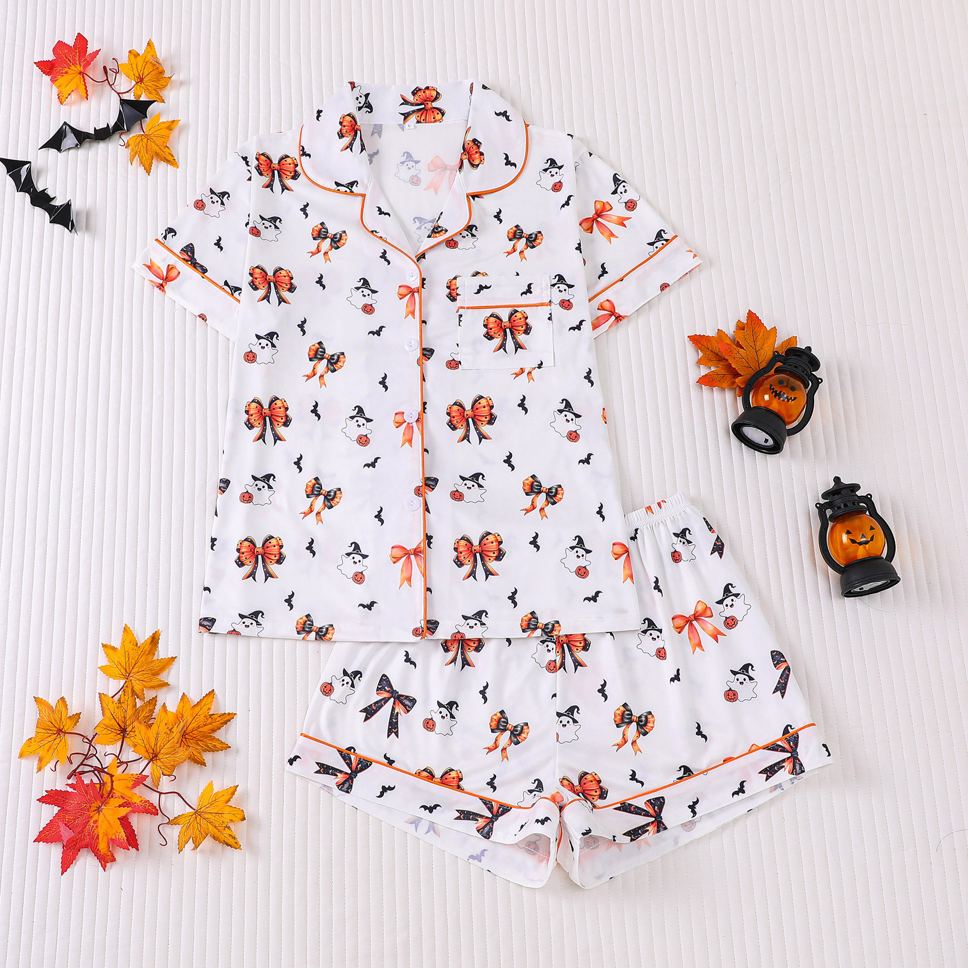 【Halloween】 Women's Halloween Cartoon Print Pajama Set, Cute Funny Sleepwear, Loungewear, 2-Piece Short Sleeve, Fitted, Above the Knee, All Seasons Gift, Top
