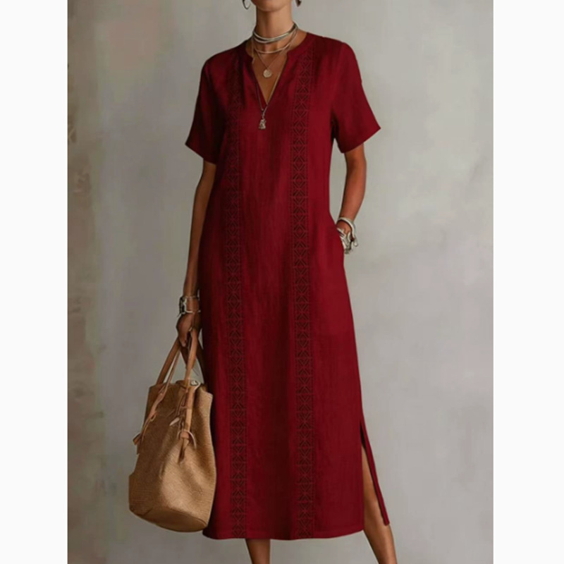 Retro Cozy Lace V-neck Loose Linen Dress