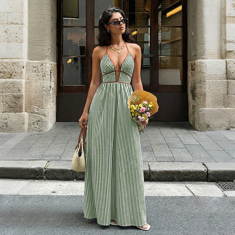 V-Neck Striped Vacation Dress