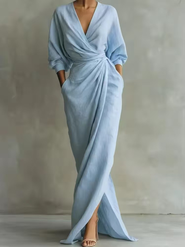 Independent Station Cross-Border European And American New Women'S Clothing V-Neck Waist Dress Spring And Summer Vacation Style Dress