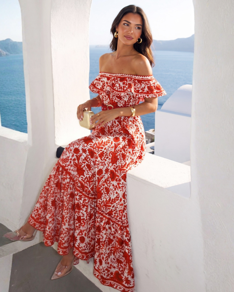Bandeau Ruffled Red Flower Silhouette Print One Piece Swimsuit and Skirt