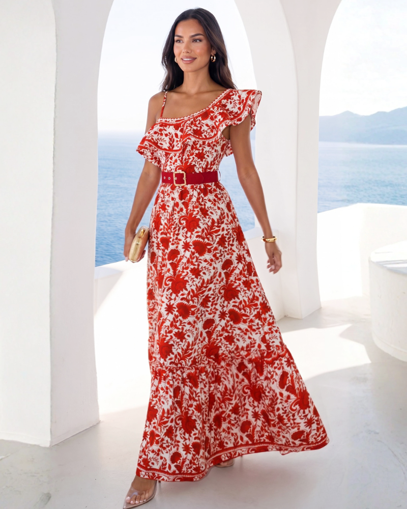 Bandeau Ruffled Red Flower Silhouette Print One Piece Swimsuit and Skirt