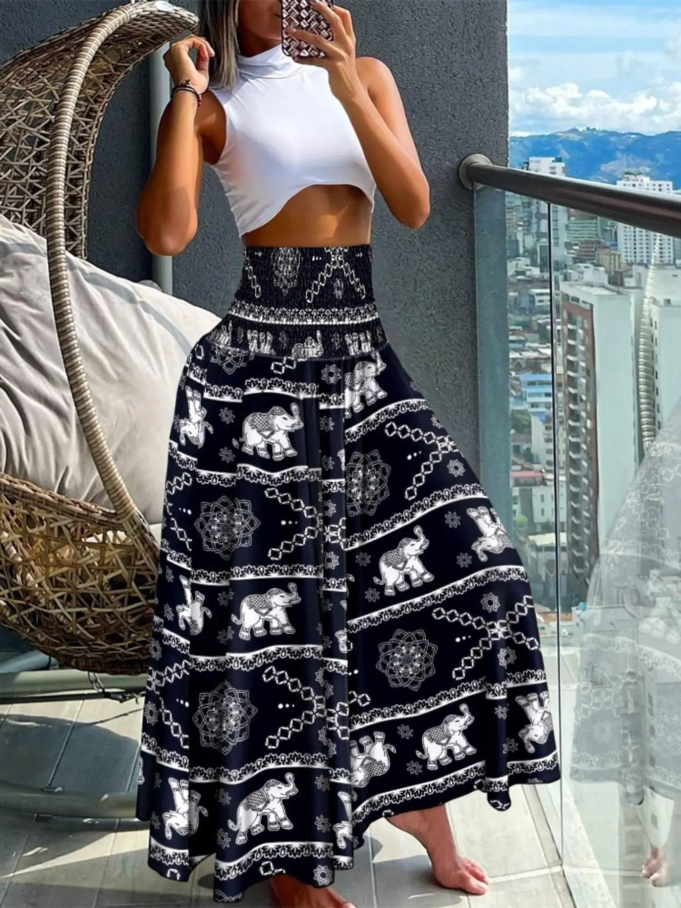 Women's Ethnic Pattern High Waist Wide Leg Pants