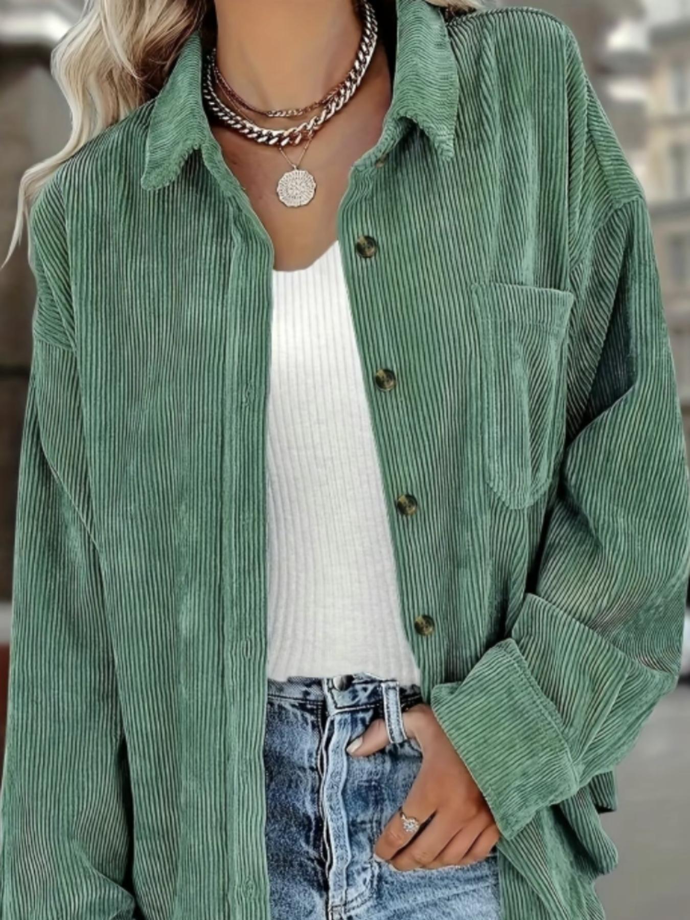 Women's Corduroy Button Collared Blouse Shirt With Pocket, Long Sleeve Loose Fit Oversize Drop Shoulder Casual Everyday Style For Spring & Fall