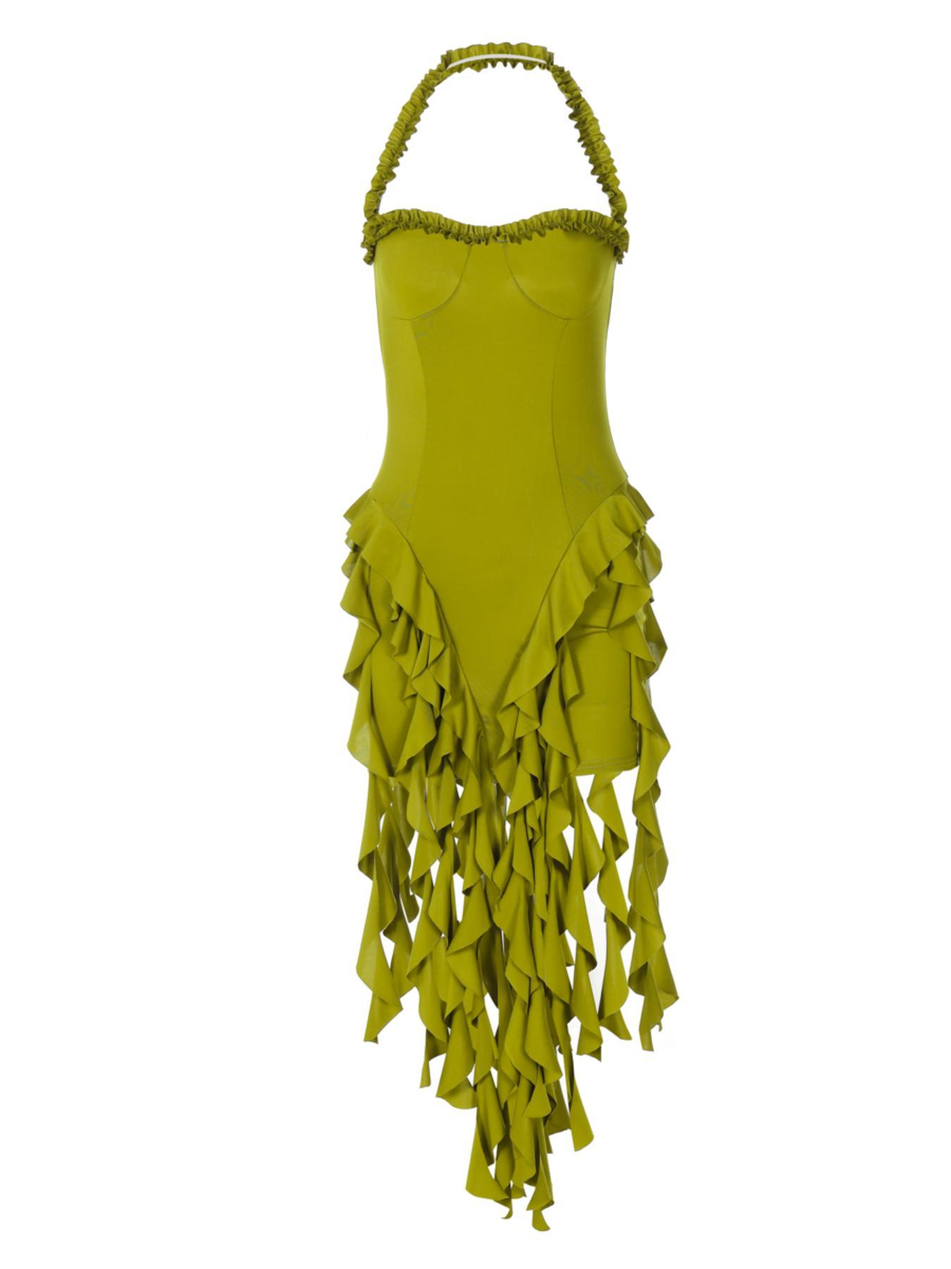 Women's Plain Ribbon Halter Neck Ruffle Hem Bodycon Dress, Sexy Y2K Octopus Dress, Chic Backless Sleeveless Mini Dresses for Party Club Dating Wear, Ladies Summer Fashion Clothes, Valentine's Day Gift for Girl