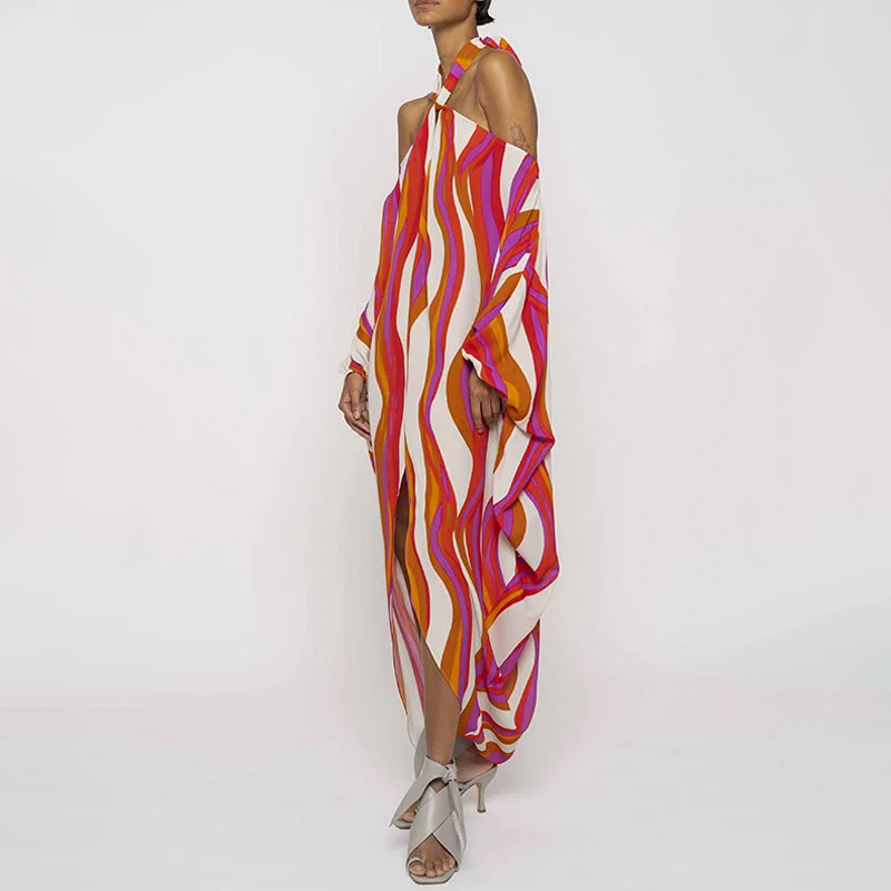Halter Printed Color Block One Piece Swimsuit and Cover Up