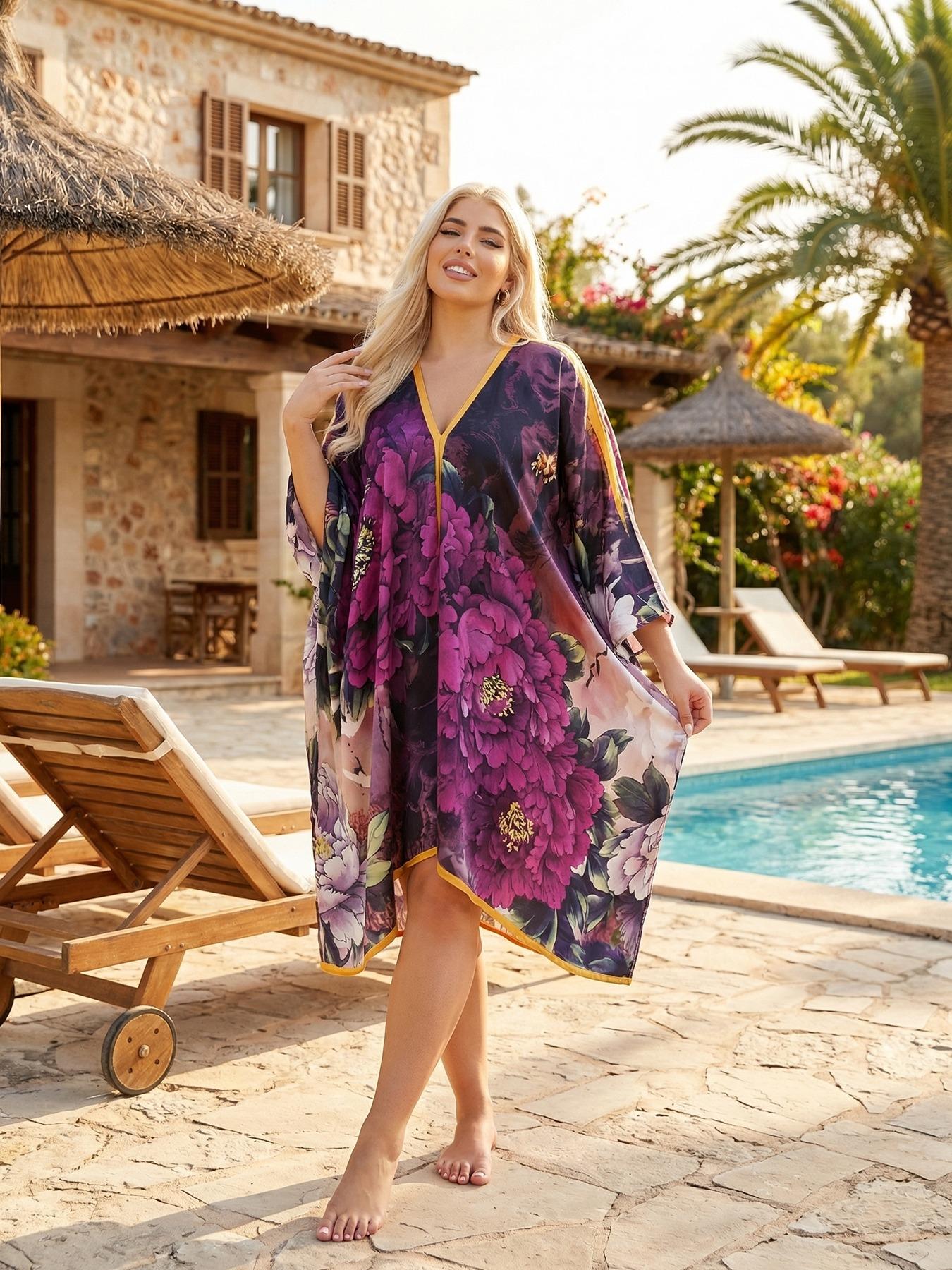 Women's Large V-Neck Shawl, Beach Cover-Up, Beach Coverups, V Neck Coverup, Loose Fit, Breathable, Eye-Catching Print, Perfect for Vacation & Daily Wear