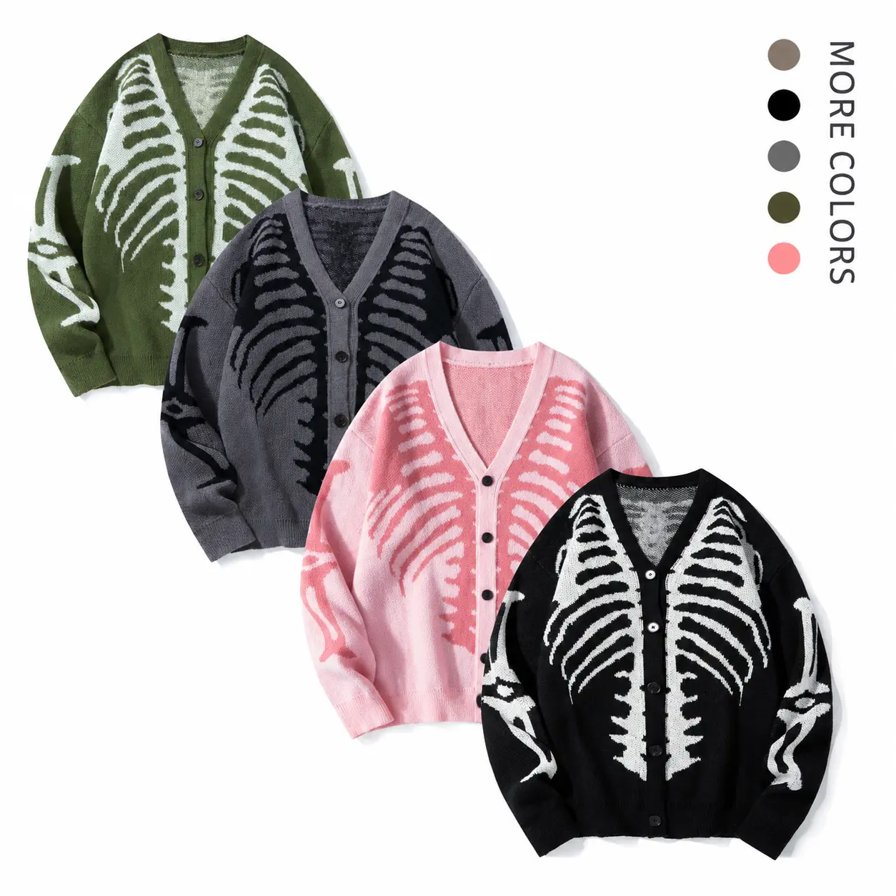 Skeleton Print Knit Cardigan V-Neck Drop-Shoulder Sweater for Casual Wear