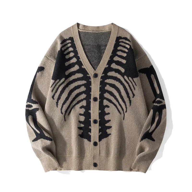 Skeleton Print Knit Cardigan V-Neck Drop-Shoulder Sweater for Casual Wear