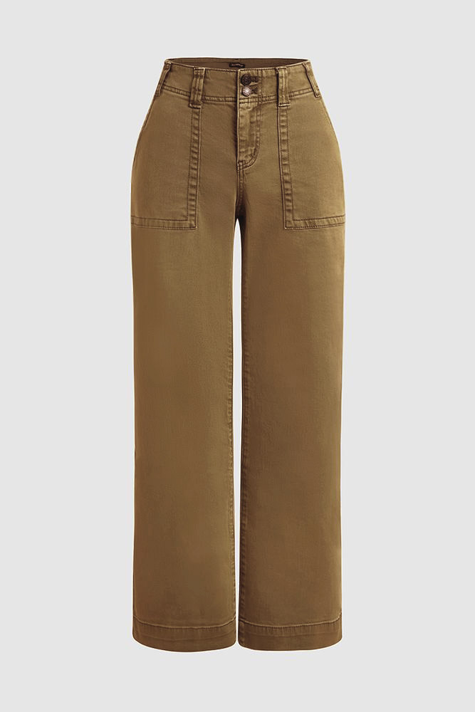 Double Button Mid Waist Straight Leg Pants