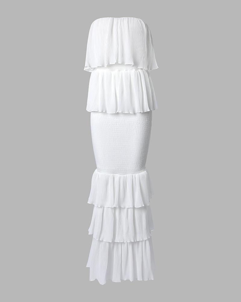 CHICME Women's Bandeau Shirred Ruffle Hem Wedding Guest Layered Sleeveless Dress/sundress Womenswear
