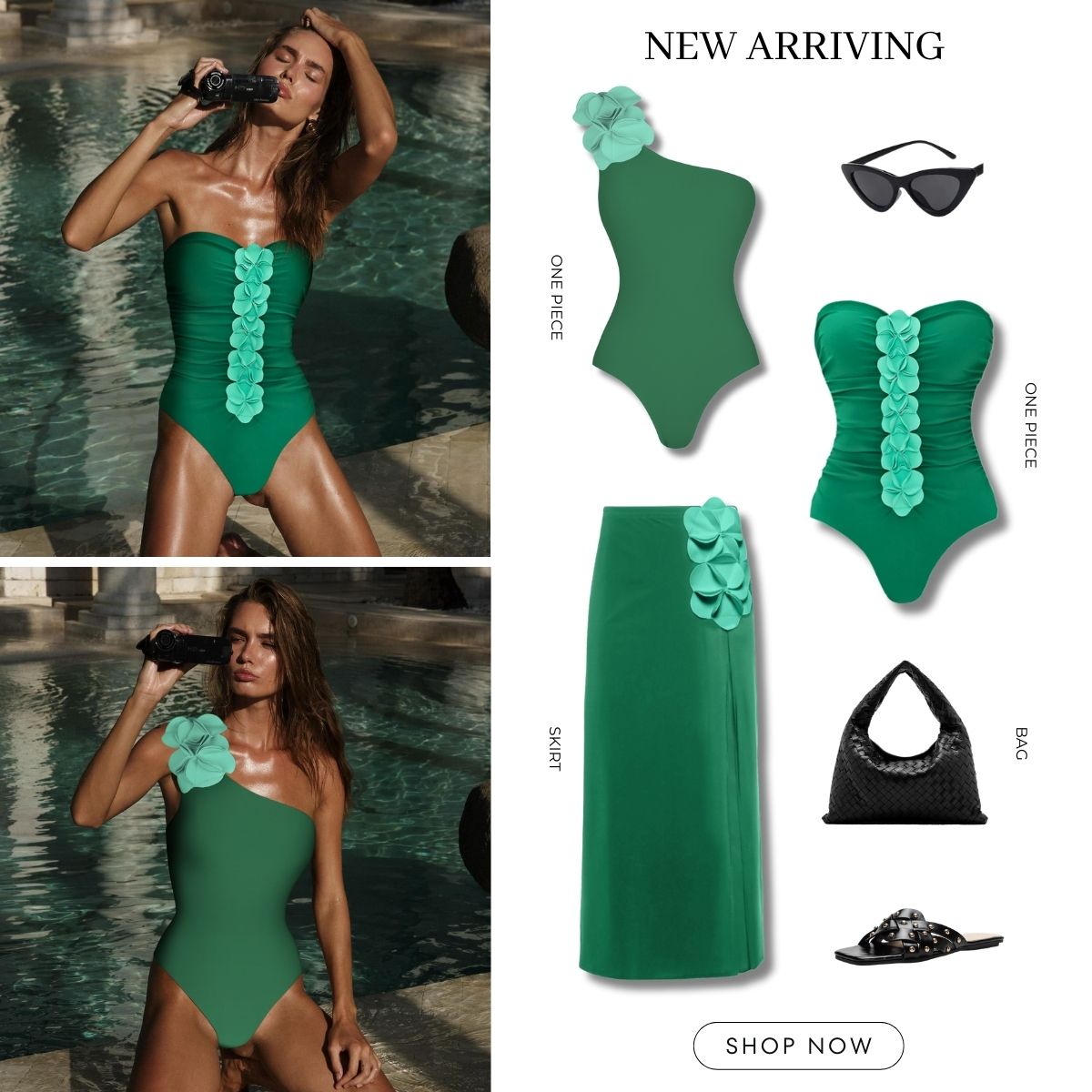 Oblique Shoulder 3D Flower One Piece Swimsuit and Skirt