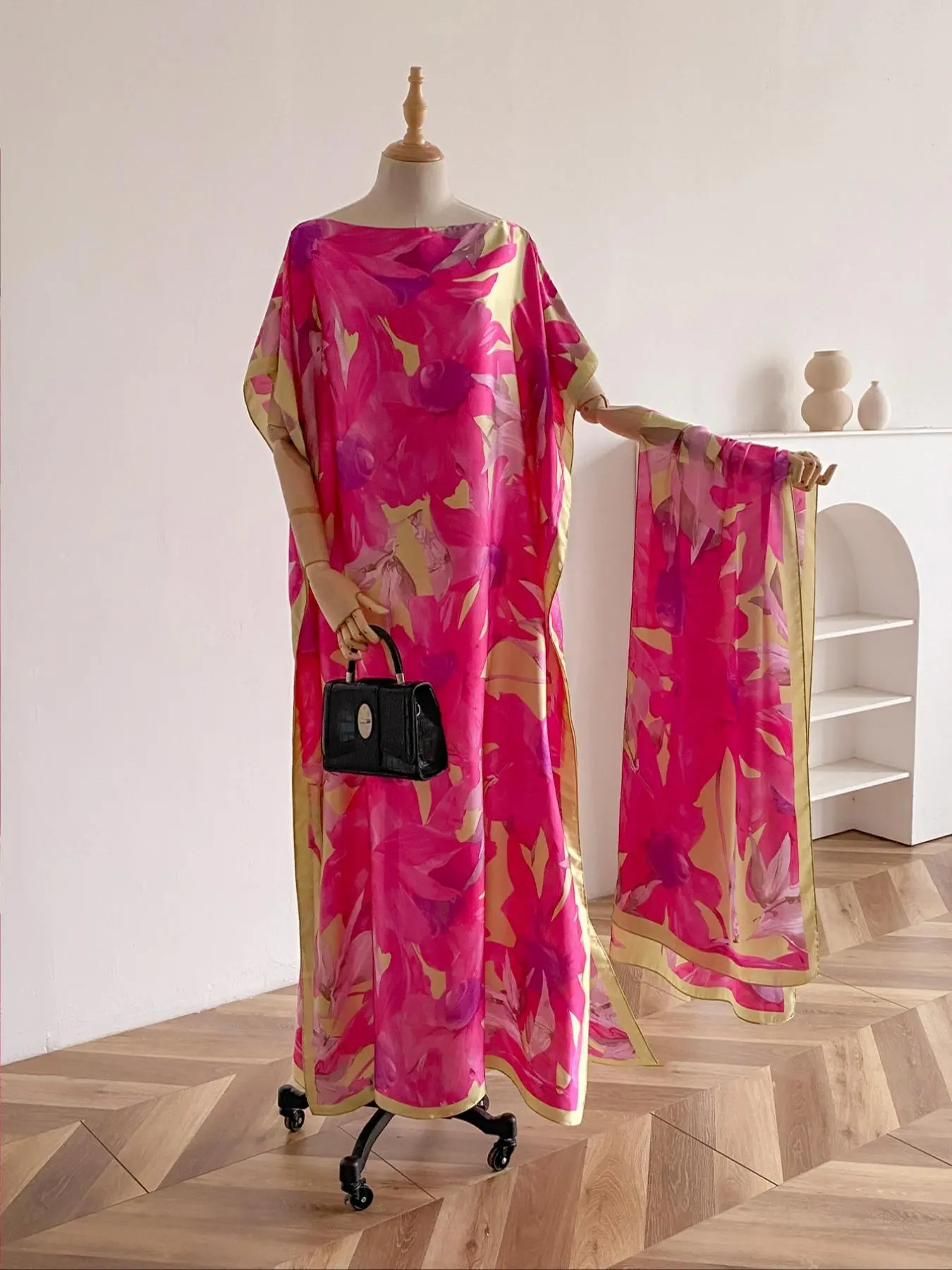 Women's Peacock Print Cape Shawl & Scarf Set, Elegant Beach Cover-Up For Holiday Vacation, Swimsuit Cover Up
