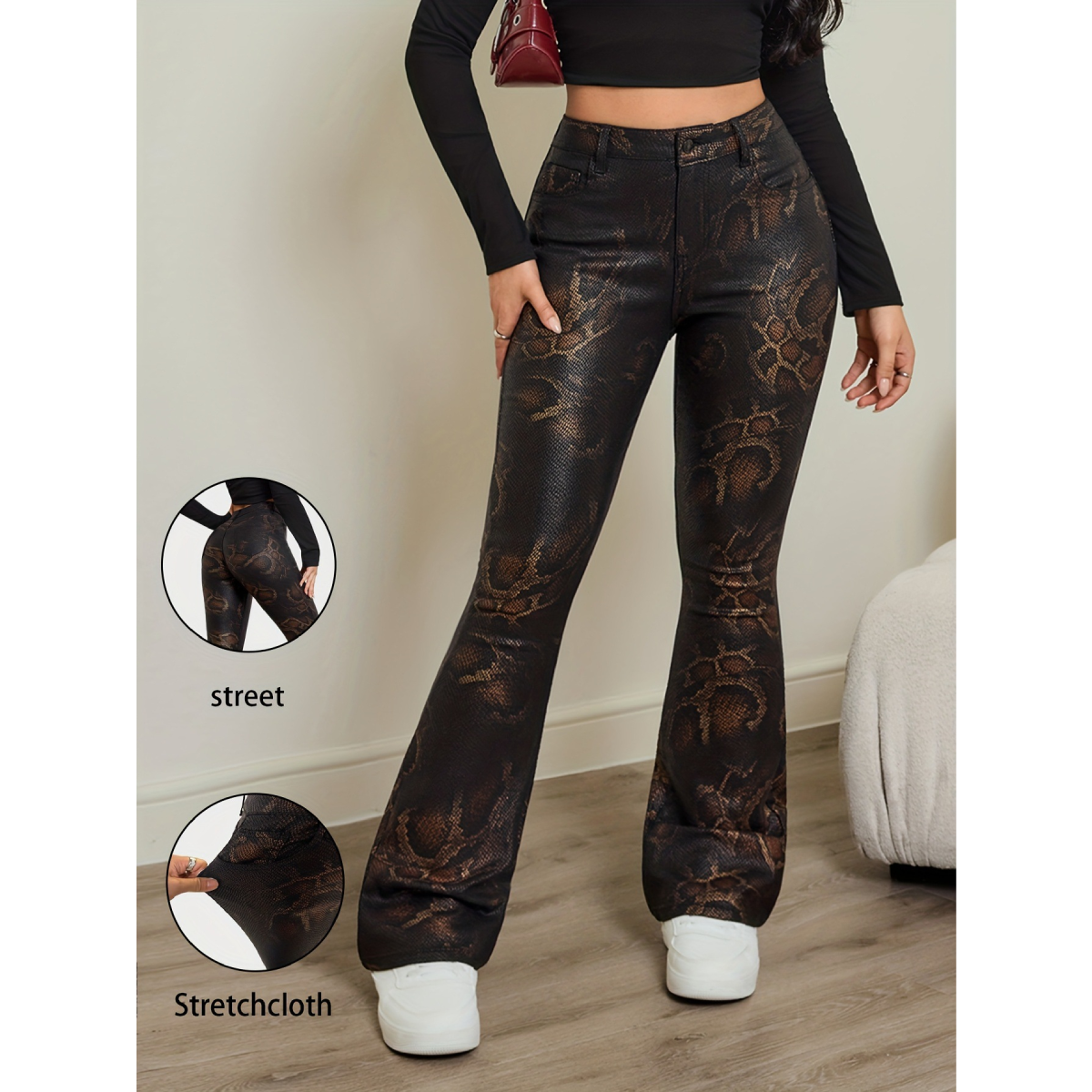 Women's High Waisted Bell Bottom Flare Denim Jeans - Comfortable Cotton Denim Trousers, Snakeprint, Ideal for Day Wear, Casual Fashion Denim
