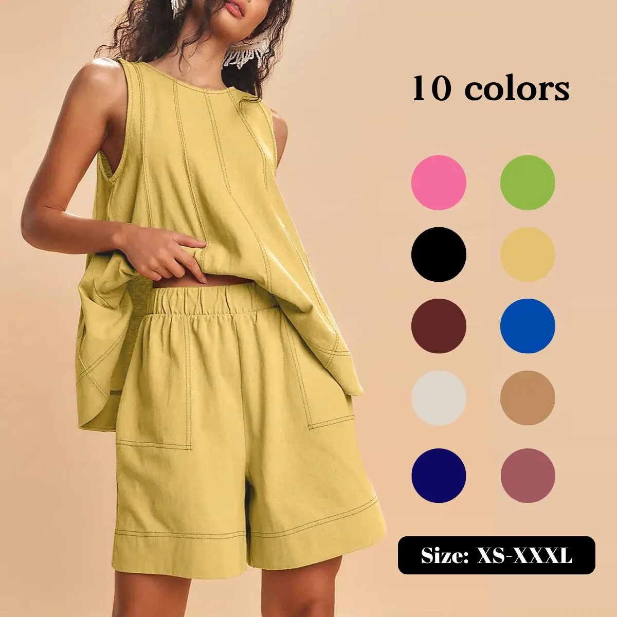 Cotton Two Piece Outfit - A-Line Tank & High-Waist Shorts