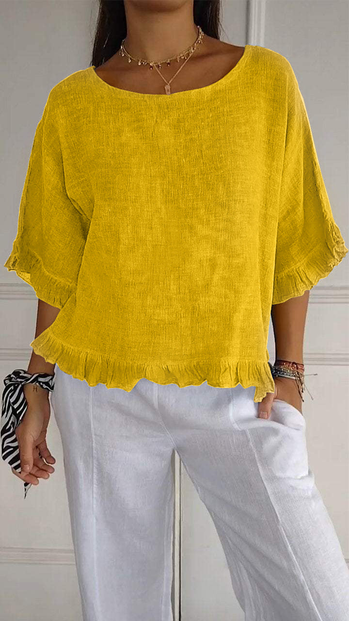 Round Neck Ruffled Hem Mid-sleeve Cotton and Linen Top